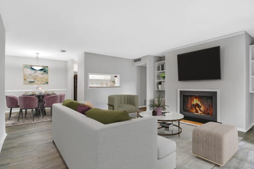 Affinitee at Stone Mountain Apartments photo of a living room with a couch and a fireplace