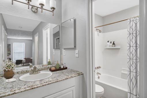 Affinitee at Stone Mountain Apartments photo of a bathroom with a sink and a mirror